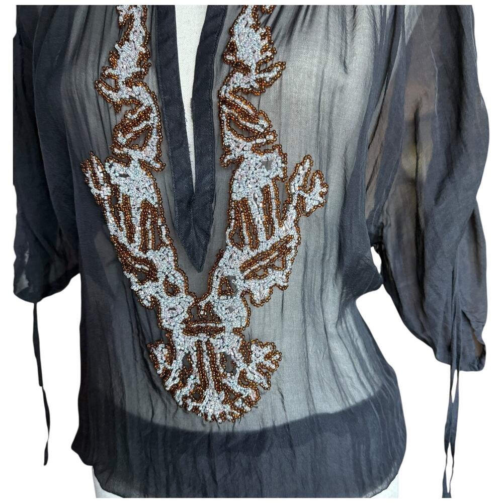 Gold Hawk Vintage Beaded Blouse Silk Sheer Black Top Boho  L - Picture 5 of 15